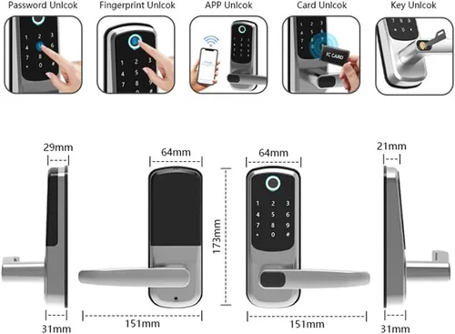 Vista 5 de Cerradura de puerta inteligente con asa Cerradura de puerta de entrada sin llave para puerta delantera digital con teclado, biométrico
