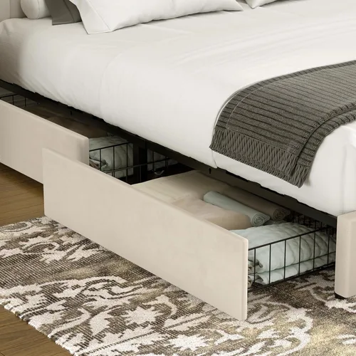 Vista 4 de VECELO Base de cama tapizada de tamaño matrimonial con 4 cajones y cabecero, plataforma de terciopelo, soporte de listones de madera, no necesita