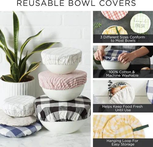 Vista 8 de DII Colección de fundas de tela reutilizables, lavables a máquina, algodón con elástico para almacenamiento de alimentos, 10.25"/8.25"/7.5" de rojo