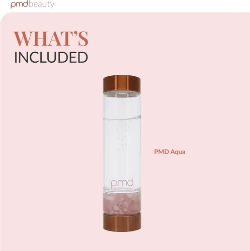 Vista 6 de PMD Beauty Botella de agua de vidrio Aqua con cuarzo rosa grado A de 16.2 onzas, botella de vidrio reutilizable, sin BPA, diseño minimalista