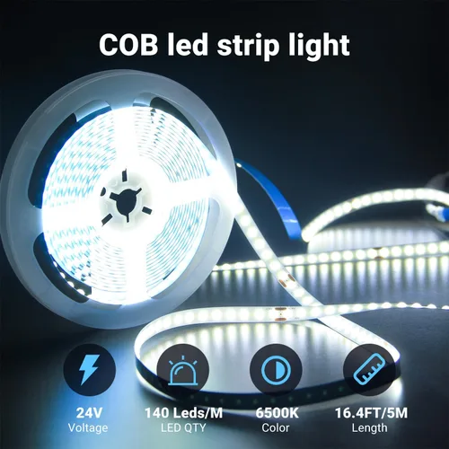 Vista 4 de DAYBETTER 16.4FT Tira de luces LED COB regulable, luces LED de alta luminosidad, 6500K blanco brillante de luz diurna, 24V, 140 LEDs, cinta LED