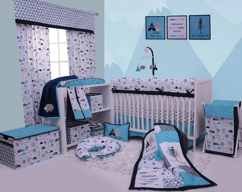 Vista 5 de Bacati Woodlands - Cesta plegable de algodón para niños, color aguamarina/gris