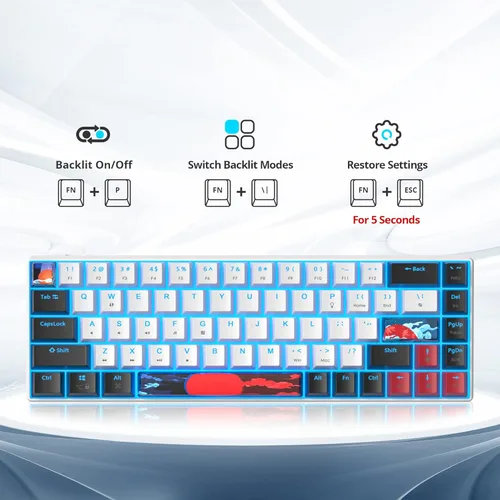 Vista 4 de Teclado 60% para juegos de 68 teclas, teclado mecánico retroiluminado LED, teclado compacto con cable con interruptor rojo para Windows PS45 Xbox