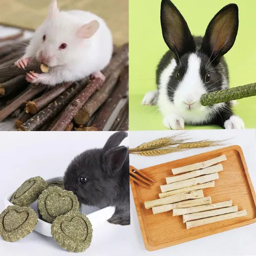 Vista 6 de Juguetes masticables de conejo limpia la boca, juguete masticable de conejillo de indias protege los dientes, palitos de manzana, palitos de hierba