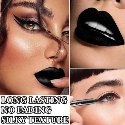 Vista 4 de Juego de 2 delineadores de labios negros y lápiz labial, lápiz labial líquido negro mate, a prueba de manchas, antiadherente, de larga duración