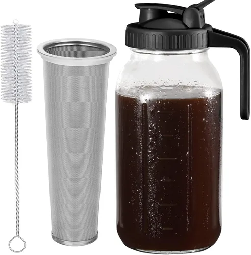 Glyntrof Jarra de Café de Infusión Fría, Jarra de Vidrio de Boca Ancha de 64 Oz de Alta Resistencia en Negro con Válvula de Vaciado y Tapa de Acero