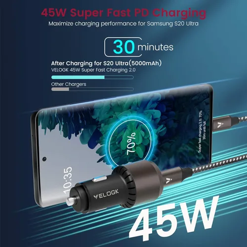 Vista 3 de VELOGK Cargador de Coche Super Rápido Tipo C [Turbo 73W], Adaptador de Coche USB C Adaptativo Rápido 55W 45W PPS/PD&QC3.0 [Carga Super Rápida 2.0]