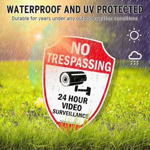 Vista 3 de Faittoo Señal de No Trespassing - Señales de videovigilancia al aire libre, paquete de 2, señal de advertencia reflectante de aluminio de 9.6 x 6.8