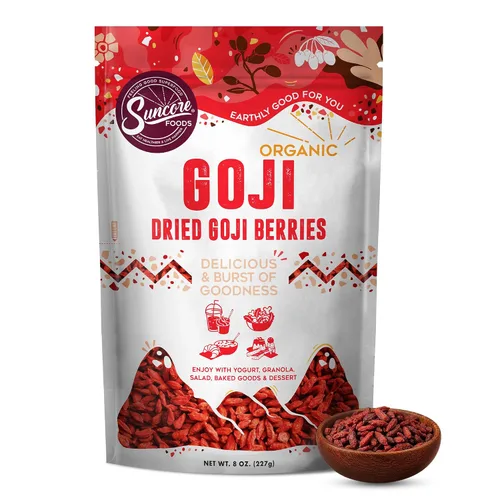 Suncore Foods Bayas de Goji orgánicas, veganas, resellables de 8 onzas