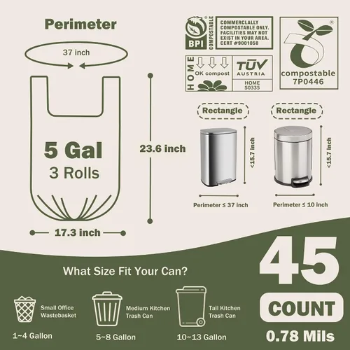 Vista 6 de Bolsas de basura compostables de 5 galones con asas, bolsas de compost de 0.78 mils, bolsas de basura de raspado de alimentos para cocina y baño, US