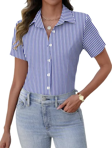 Vista 14 de Zeagoo Camisas de vestir de manga corta con botones para mujer, blusas básicas de trabajo con cuello de negocios