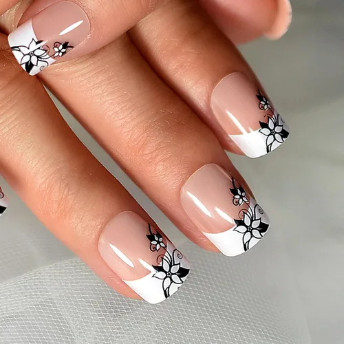 Vista 4 de Uñas postizas a presión, uñas postizas blancas naturales con diseño de flores negras francesas, pegamento de gel UV, uñas postizas reutilizables