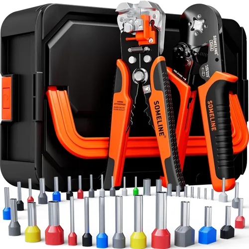 Vista 15 de Kit de herramientas de engarzado de virolas SOMELINE, pinzas autoajustables para virolas de alambre AWG 24-8, con 9 tamaños de terminales de virolas