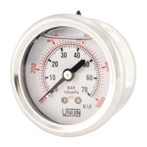 Vista 7 de Serie P251 Dial de 2 pulgadas, manómetro lleno de aceite con internos de latón, 0-1000 PSI/kPa, ± 1.6% de precisión, 1/8" NPT, montaje trasero