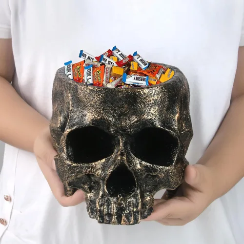 Vista 9 de Plato de caramelo de calavera de Halloween, cabeza de calavera profunda, soporte para cuenco de caramelo de Halloween, decoración de calaveras
