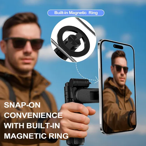 Vista 14 de Palo selfie magnético multifuncional 4 en 1 con rotación de 360°, mini trípode portátil extensible para teléfono con control remoto y anillo