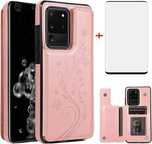 Vista 10 de Funda de teléfono para Samsung Galaxy S20 Ultra Glaxay S20ultra 5G con protector de pantalla de vidrio templado, tarjetero con soporte para Negro