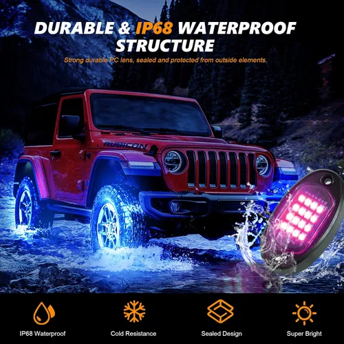 Vista 2 de 10 cápsulas de luz RGB para camión, multicolor, neón, luces de roca RGB impermeables con control de aplicación/RF para automóvil, Jeep, todoterreno