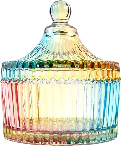 Vista 16 de Tarro de almacenamiento de caramelos de vidrio de cristal colorido con relieve, lujoso recipiente para buffet de galletas con tapas, caja