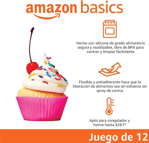 Vista 2 de Amazon Basics Tazas de silicona reutilizables para hornear, moldes para muffins libres de BPA, aptas para lavavajillas, 7.3 x 7.3 x 3.3 cm