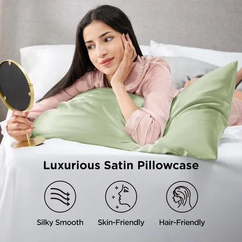 Vista 115 de Bedsure - Juego de fundas de almohada de satén tamaño king, 2 unidades - Fundas de almohada gris plateado para cabello y piel con cierre de sobre