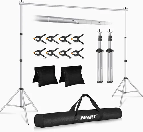 Vista 13 de EMART Soporte de fondo ajustable de 10 x 7 pies de ancho x alto, kit de soporte de fondo ajustable con 2 barras transversales, 8 abrazaderas, 2
