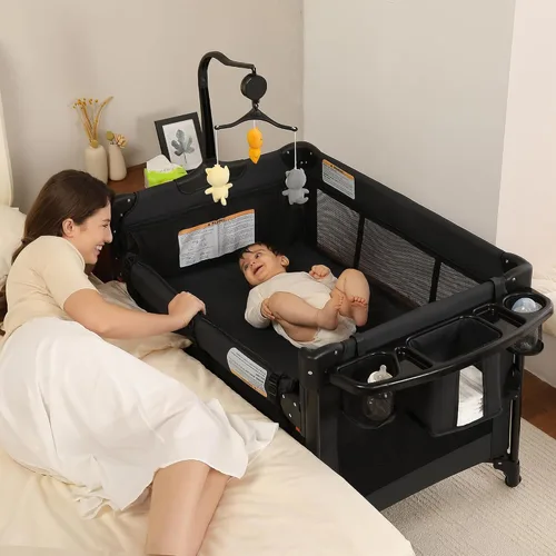 Pack and Play, Moisés para bebés junto a la cama, cuna portátil, mesa para cambiar pañales y patio de juegos para bebé - Malla transpirable y marco
