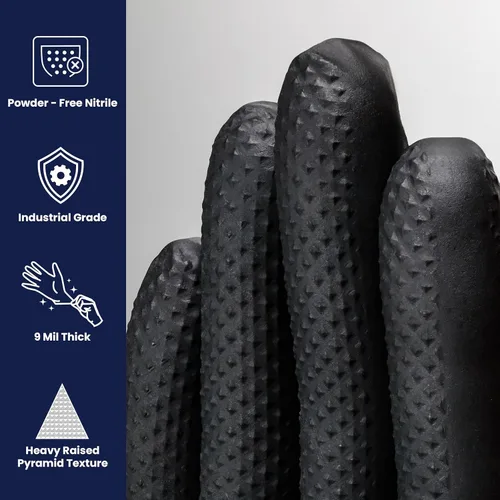 Vista 2 de CATCH GL-NT107BKFL - Guantes de nitrilo sin polvo de 9 mil, ProWorks, agarre de pirámide elevada, color negro, talla L, caja de 100