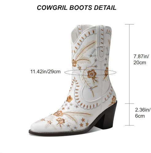 Vista 5 de Uacllcau Botas vaqueras bordadas para mujer botas vaqueras florales de tacón bajo y grueso botas occidentales para boda vestido de novia