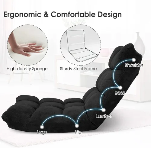Vista 6 de GORELAX Silla de suelo con soporte para el respaldo, silla reclinable plegable ajustable de 14 posiciones, silla de meditación con marco de acero