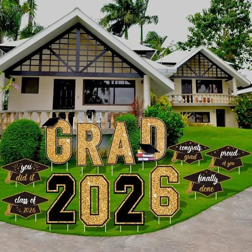 Aneco Letreros impermeables de plástico para patio de graduación 2026, decoraciones de césped al aire libre, 16 pulgadas, purpurina con estacas para