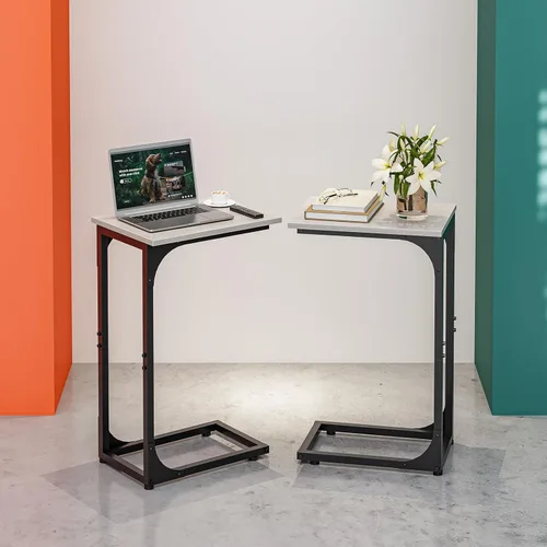 Vista 11 de Mesa auxiliar en forma de C para sofá, soporte de café pequeño, bandeja de sofá con marco de metal, parte superior de madera impermeable resistente