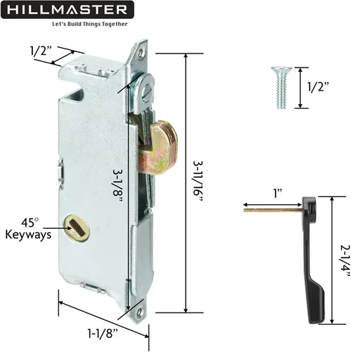 Vista 5 de Juego de manijas de puerta de patio HILLMASTER con cerradura de mortaja 45° para reemplazo, diseño reversible de estilo de muesca, sin llave