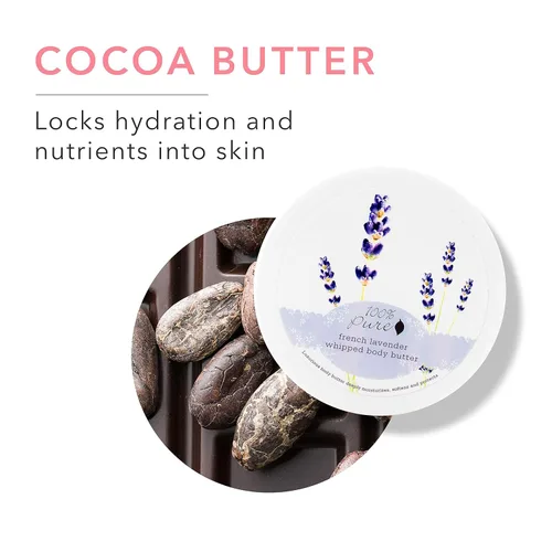 Vista 4 de 100% PURE Mantequilla corporal batida de lavanda francesa, loción corporal para piel seca, hecha con manteca de karité, manteca de cacao, crema