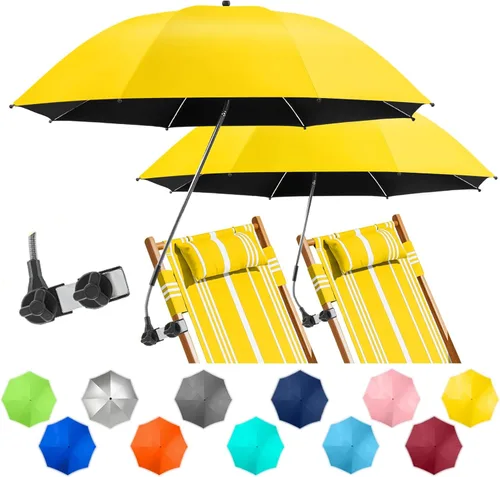 Vista 13 de Paquete de 2 paraguas de playa con abrazadera, paraguas ajustable de 360° para silla, paraguas UPF50+ para silla de playa, silla de patio, silla