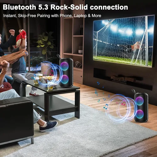 Vista 4 de Altavoz Bluetooth con sonido estéreo HD de 360°, nuevo altavoz inalámbrico portátil IPX7 impermeable, llamada HD, emparejamiento TWS, micrófono