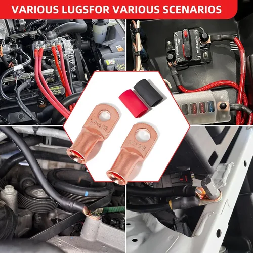 Vista 4 de RED WOLF Terminales de alambre de cobre 4 AWG 3/8 pulgadas, conectores de cable de batería, conector de cobre, 10 unidades, con tubo termorretráctil