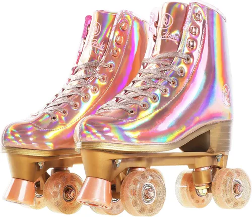 JajaHoho Patines de ruedas para mujer, patines de cuero PU holográficos de alta calidad, patines brillantes de doble fila con cuatro ruedas para