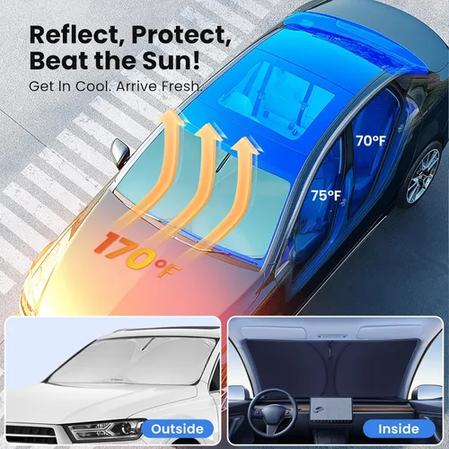 Vista 2 de Parasol para parabrisas para Tesla Model 3 y Model Y 2017-2026, innovadora tecnología sin paso de luz, recorte de espejo, bloquea el 99%