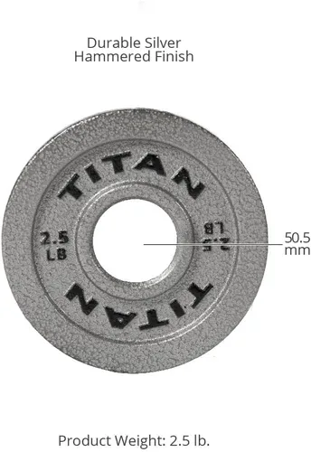 Vista 7 de Titan Fitnes Cast Iron Olympic Plates, Classic Weight Plate Design, Silver Hammer Finish