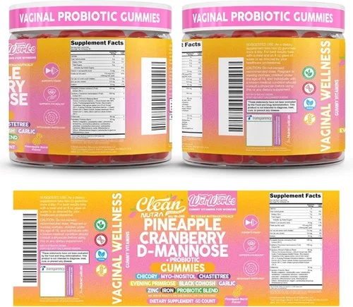 Vista 9 de Clean Nutraceuticals Clean Nutra Pineapple Cranberry D-Manose + Probiotic Gummies 60 unidades Suplemento diario para mujer Gomitas con sabor a