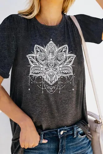 Vista 3 de Camisa de mandala para mujer, diseño de flores de loto, camisetas de manga corta con diseño de mandala