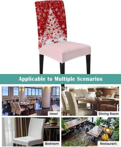 Vista 6 de Savannan - Juego de 4 fundas para sillas de árbol de Navidad, bolas de copos de nieve de color rojo invierno, fundas elásticas para sillas Parsons
