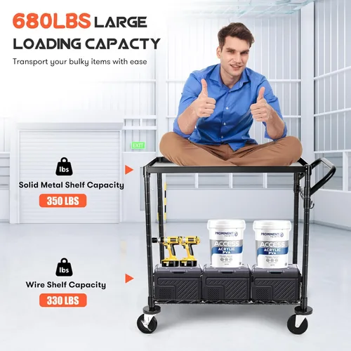 Vista 2 de WDT - Carrito utilitario rodante de gran capacidad de 680 libras, carritos rodantes de 2 niveles con ruedas, carrito de metal de grado comercial