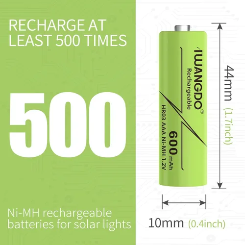 Vista 6 de AAA 600mAh HR03 16pcs Ni-MH baterías recargables precargadas para luces solares de jardín al aire libre, paquete de 16