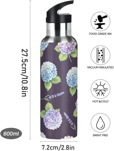 Vista 9 de Hydrangea Lavender Purple Blue Stainless Steel Water Bottle 20 Oz Leakproof Water Bottles, BPA-Free Sports Water Bottle with Straw