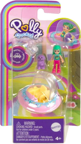 Vista 2 de Polly Pocket Conjunto coleccionable de micro vehículo de metal, muñeca posable y mascota, muñeca amiga de Polly con tema de dona OVNI y cachorro