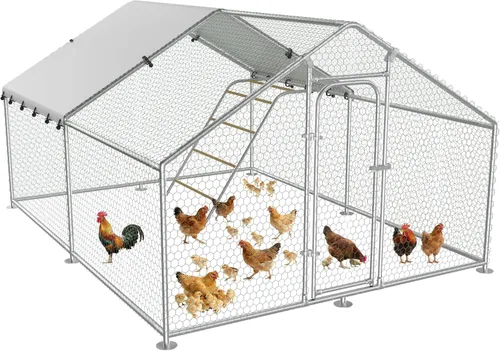 Vista 17 de Gallinero de metal con paso, 10 x 5 x 6.4 pies, jaula para aves de corral al aire libre, perca mejorada, cubierta impermeable y antiultravioleta