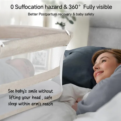 Vista 7 de Cowiewie Moisés para dormir, moisés para bebé, se desliza sobre la cama, ajuste de altura de 5 posiciones y moisés de pared transpirable de malla