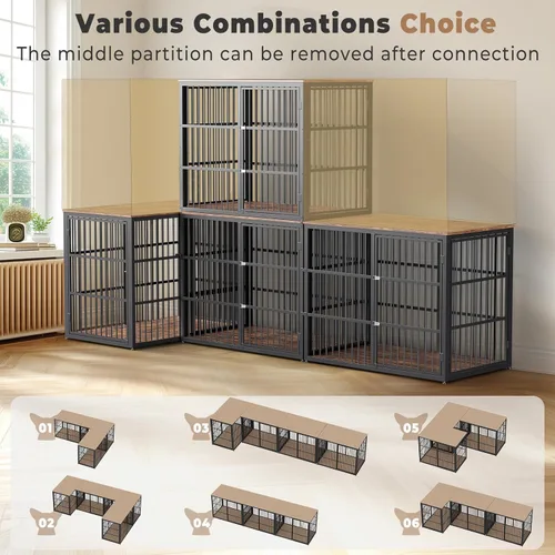 Vista 2 de Lyromix 94.48'' Mueble de jaula para perros de raza grande con soporte para TV de dos habitaciones, mesa auxiliar de jaula para perros de madera